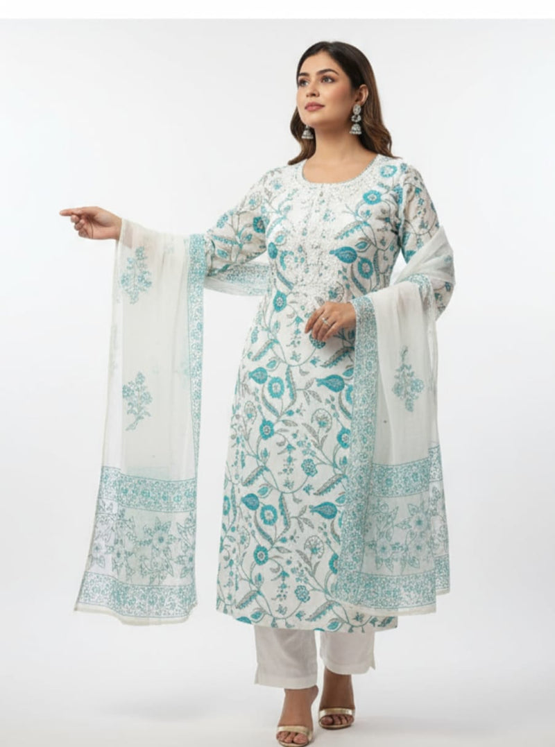 Ruaati Premium White & Turquoise Floral Printed Cotton Suit Set with Matching Dupatta