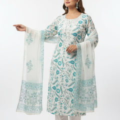 Ruaati Premium White & Turquoise Floral Printed Cotton Suit Set with Matching Dupatta