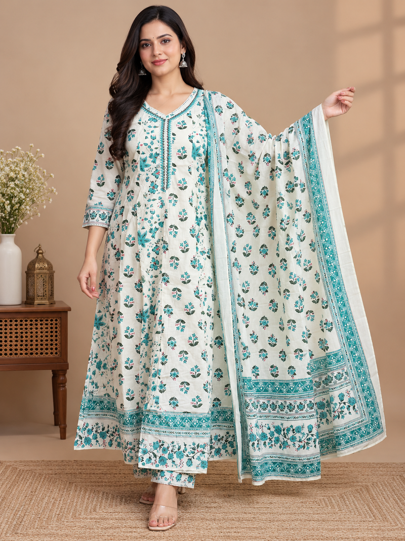 Cream Teal Floral Mul Cotton Printed Anarkali Set
