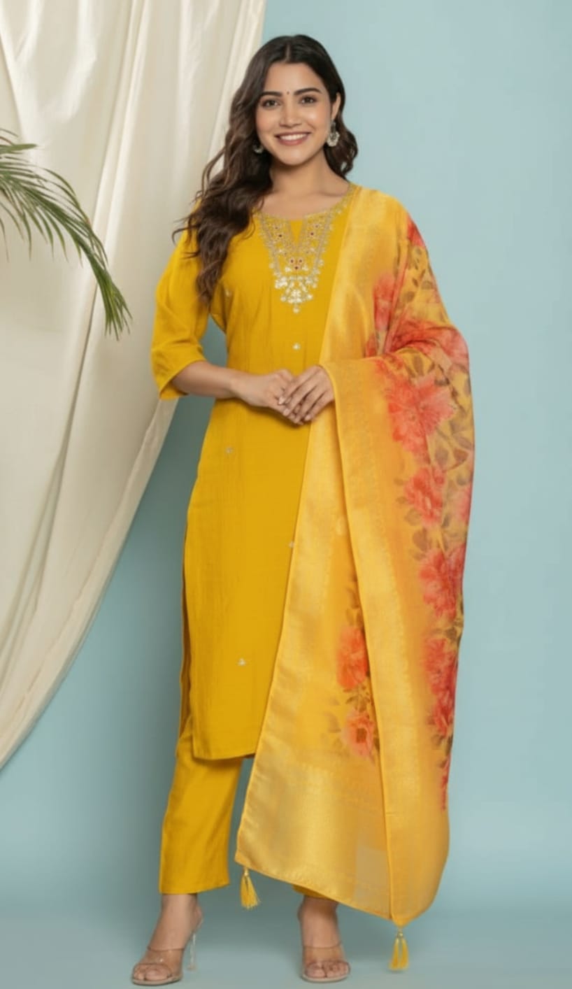 Matka Silk Fabric Lining Attached Heavy Hand Adda Work. 3 Pc Set