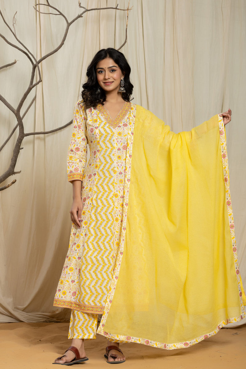 Ruaati Premium Yellow Floral Printed Mul Cotton Suit Set with Matching Dupatta