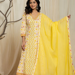 Ruaati Premium Yellow Floral Printed Mul Cotton Suit Set with Matching Dupatta
