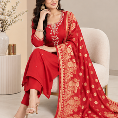 Red Roman Silk Embroidered Suit Set